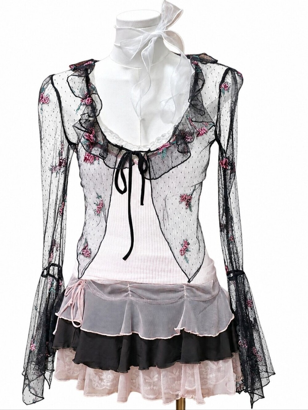 Dolls kill widow Black sheer mesh blouse with pink floral embroidery and ruffled - Picture 2 of 3